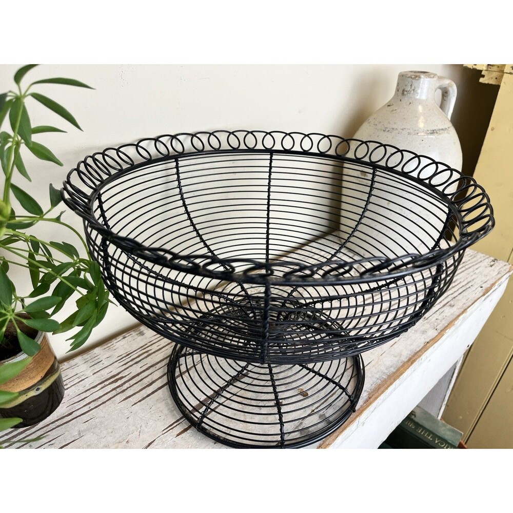 Vintage French Wire Black Pedestal Fruit Basket / Egg Basket Farmhouse Decor 13”